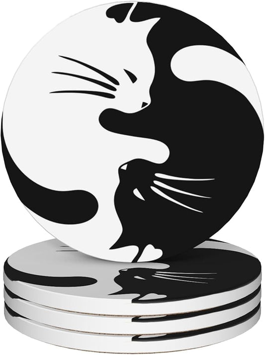 Coasters for Drinks,Black and White Cat Ying Yang Absorbent Coaster Set of 4 with Cork Base,Ceramic Drink Coasters for Cold Drinks Wine Glasses Cups Mugs,Housewarming Gifts for Home Decor