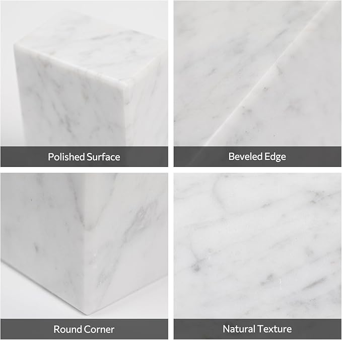 Luxury Marble Bookends for Shelves, 11LB Heavy Duty Marble Book Ends for Heavy Books, Stone Bookends Decorative, Polished, Carrara White Triangular, Set of 2
