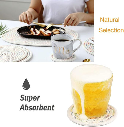 Set of 4 Oval Woven Placemats, Cotton Plate Chargers with 4 Pack Round Coasters, Thick Heat Insulation Household Table Mats Braided Bowl Mats Placemats Fabric Rustic Tablemats for Dining Table