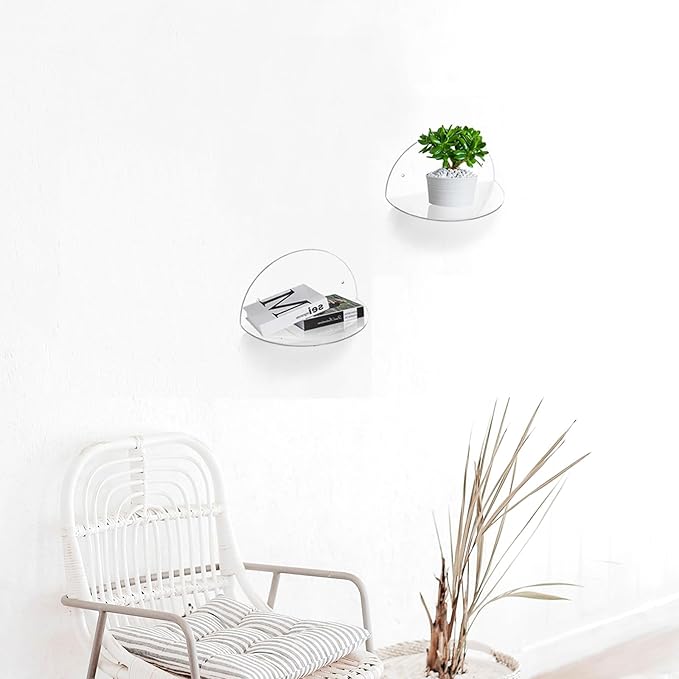 ROYALITA Small Acrylic Shelves Room Decor Floating Shelves (2-Pack, 8-inch Diameter) - Wall Mounted Display Stand for Plants, Toys, Makeup, and More - Ideal for Home and Office, Clear