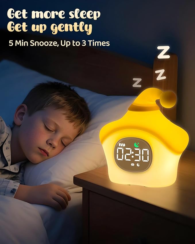 Star Alarm Clock with Night Light for Kids with Sleep Training and Sound Machine, Rechargeable Silicone Lamp OK to Wake Clock，Cute Animal Tabletop Lamp, Perfect Sleep Companion for Boys Girls, Yellow