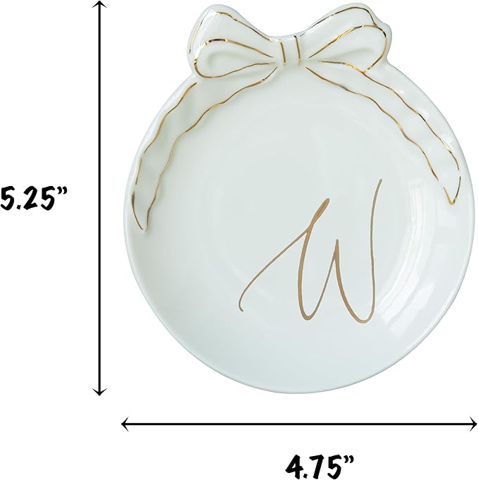 COLLECTIVE HOME - Personalized Initial Ceramic Jewelry Tray with Bow, Christmas Gift Ideas for Women, Small Gift for Girlfriend Wife, Ring Holder, Earrings Dish, Birthday Gift for Her (W)