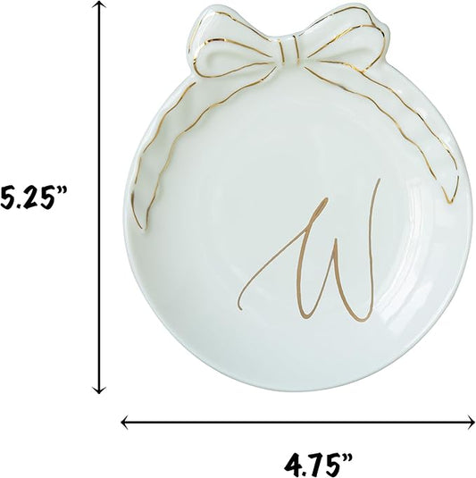 COLLECTIVE HOME - Personalized Initial Ceramic Jewelry Tray with Bow, Christmas Gift Ideas for Women, Small Gift for Girlfriend Wife, Ring Holder, Earrings Dish, Birthday Gift for Her (W)