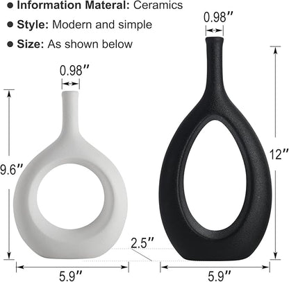 Black and White Ceramic Hollow Elliptical Vase Set of 2 - Boho Circle Vase with Hole, for Modern Black and White Table Decor, Living Room Decor Shelf mid Century Modern Home Entrance Decorative vase