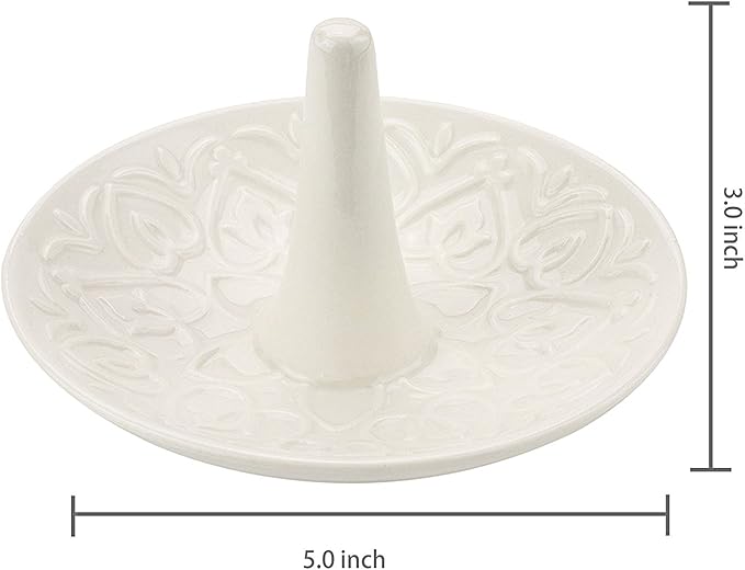 MyGift Decorative White Ceramic Ring Tray for Jewelry, Ring Cone and Trinket Tray with Raised Heart Design