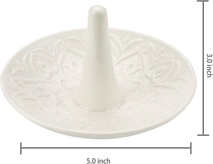 MyGift Decorative White Ceramic Ring Tray for Jewelry, Ring Cone and Trinket Tray with Raised Heart Design