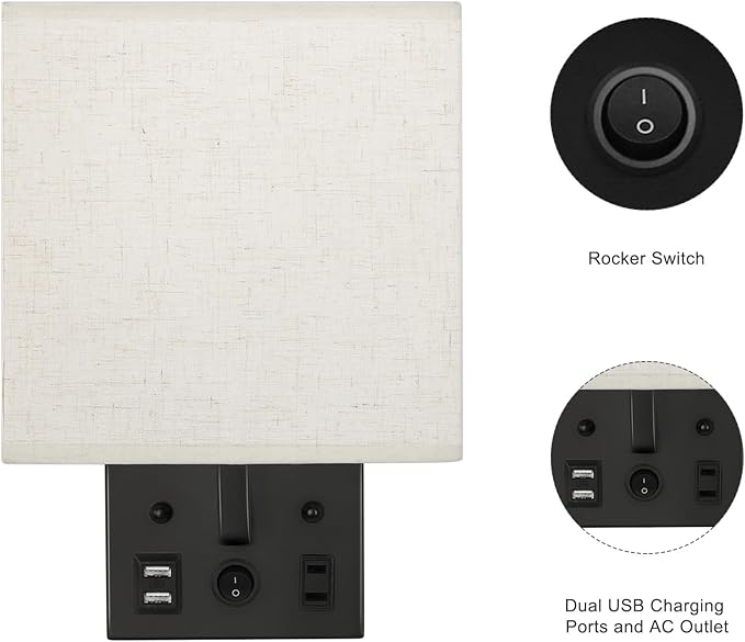 YBING Bedside Wall Lamp Set of 2, Modern Wall Sconces with Plug in Cord Nightstand Wall Lamps with Dual USB and AC Outlet Black Wall Lamps for Bedroom Living Room (2 Bulbs Included)