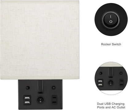 YBING Bedside Wall Lamp Set of 2, Modern Wall Sconces with Plug in Cord Nightstand Wall Lamps with Dual USB and AC Outlet Black Wall Lamps for Bedroom Living Room (2 Bulbs Included)