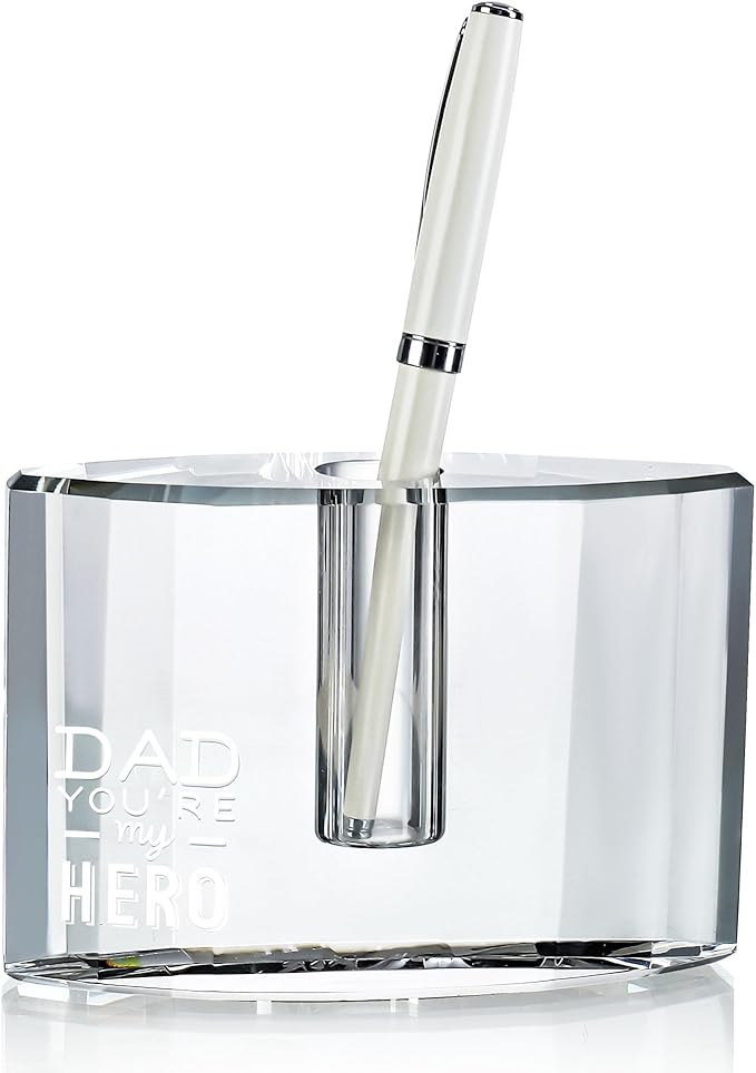 QFkris Fathers Day Crystal Christmas Gifts for Dad Crystal Single Pen Holder, 4.7" Fancy Fountain Pen Stand for Desk, Glass Feather Pencil Holder for Office Desktop Decoration, Gift for Dad Father Man