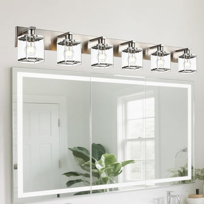 6-Lights Brushed Nickel Bathroom Light Fixture Over Mirror, Modern Wall Sconce with Clear Glass Shades, E26 Bulb Base Vanity Lighting for Over Mirror Kitchen