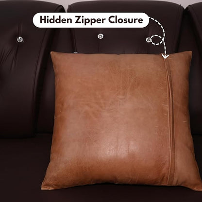 D DOLLY LAMB Lambskin Leather Pillow Cover - Sofa Cushion Case - Decorative Throw Covers for Living Room & Bedroom, 22x22 Inches - Antique Brown Plain