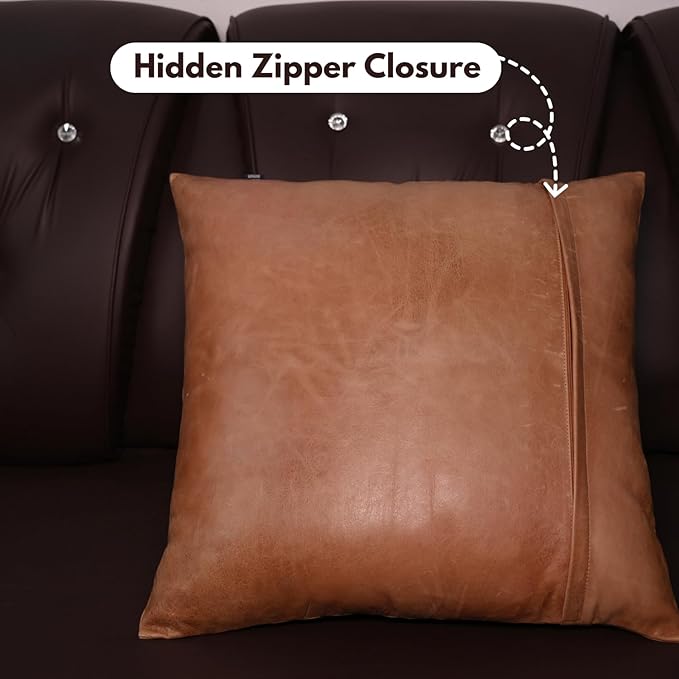 D DOLLY LAMB Lambskin Leather Pillow Cover - Sofa Cushion Case - Decorative Throw Covers for Living Room & Bedroom, 16x16 Inches - Antique Brown Plain