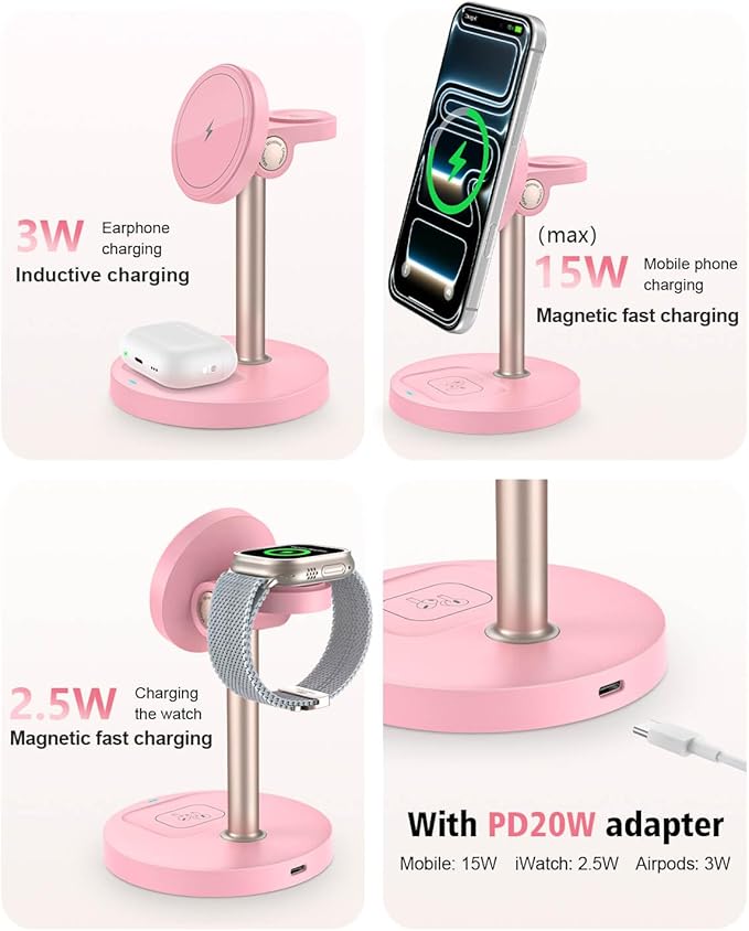 3 in 1 Wireless Charging Station for Apple, 15W Fast Magnetic Charger Stand Wireless Nightstand for Bedrooms, iPhone 17 16 15 14 13 12 Series, Apple Watch, Airpods, Women Gifts (No AC Adapter) Pink