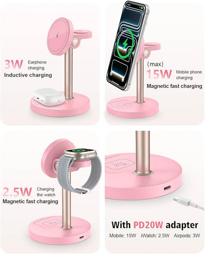 3 in 1 Wireless Charging Station for Apple, 15W Fast Magnetic Charger Stand Wireless Nightstand for Bedrooms, iPhone 17 16 15 14 13 12 Series, Apple Watch, Airpods, Women Gifts (No AC Adapter) Pink