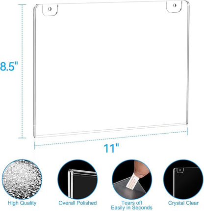 EHWINE 4 Pack 8.5x11 Wall Mount Acrylic Sign Holder Horizontal, Acrylic Wall Sign Photo Menu Flyer Display Holder, Plastic Clear Picture Adhesive Frames for Office Party (Provide Mounting Screws)