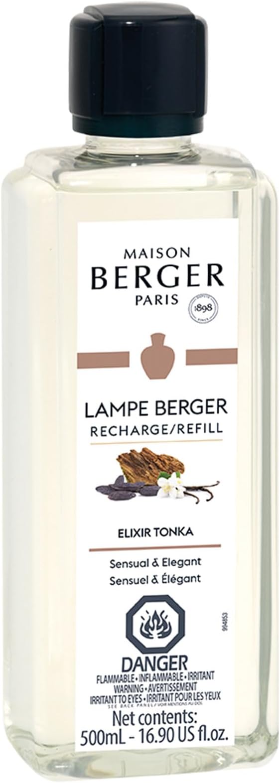 MAISON BERGER Tonka Elixir Lampe Berger Refill, 500 ml (16.9 fl oz), Odor-Neutralizing Home Fragrance Oil Lamps, Lemon, Liqueur, Like Notes, Jasmine, Coffee, Vanilla, Made in France