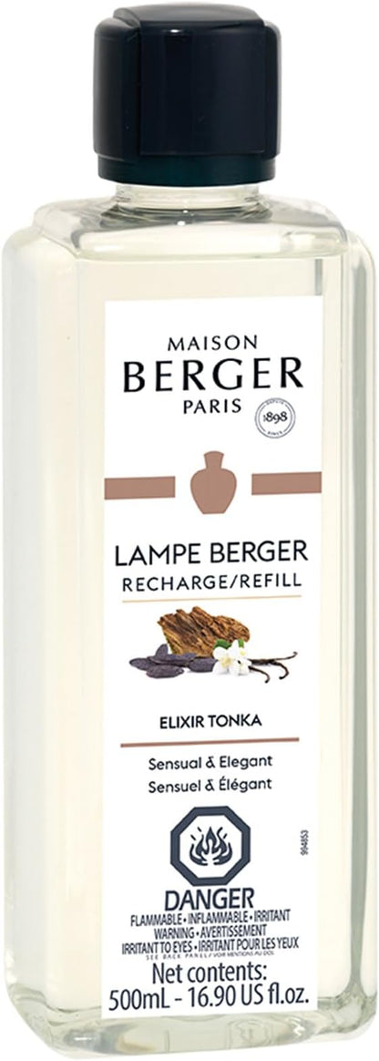MAISON BERGER Tonka Elixir Lampe Berger Refill, 500 ml (16.9 fl oz), Odor-Neutralizing Home Fragrance Oil Lamps, Lemon, Liqueur, Like Notes, Jasmine, Coffee, Vanilla, Made in France
