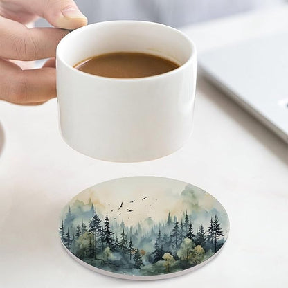 4PCS Forest Drink Coasters, Round Modern Ceramic Absorbent Coasters, Watercolor Style Nature Mountain Woodland Green Forest Flying Birds Decor Desk Coffee Table Coaster for Beverage Cup Tea Coasters