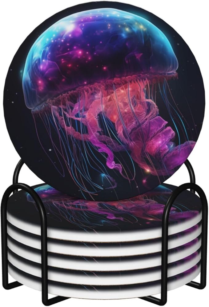 6 Pcs Ceramic Coasters with Holder Absorbent Drink Round Fantasy Starry Sky Galaxy Gellyfish Design for Home Table Coffee Cup Wine Beer Bar,Size 4.4 inches