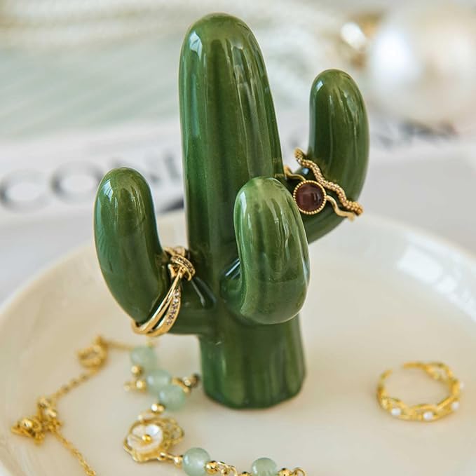 Cactus Ring Holder Dish, Ceramic Jewelry Tray Trinket Dish for Necklace Keychain Organizer, Cute Funny Birthday Wedding Mothers Day Gift for Women Friends Girls