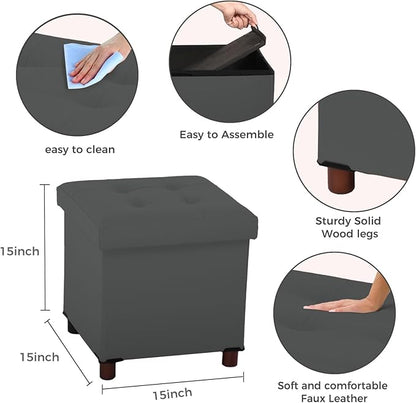 Storage Ottoman, Ottoman with Storage for Living Room Ottoman Square Tray Bedroom Cube Foot Rest Stool With Legs Small Ottomans Coffee Table Lid Foldable Footstool Faxu Leather 15" Inch (Grey)