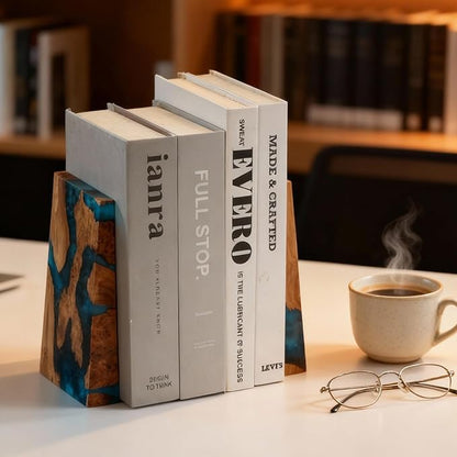 Glow in The Dark Bookends, Wood Bookends for Shelves,Blue Luminous Book Ends with Burl Wood and Resin,Decorative Book Stopper Binder and Dividers, Blue, Large,Unique Desk Decor for Home Office Library