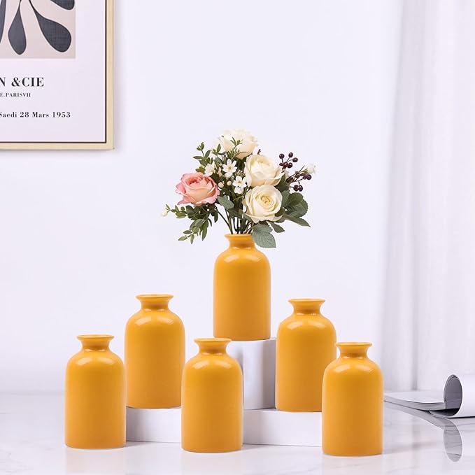 Yellow Bud Vases Set of 6 - Mini Yellow Ceramic Vases for Flowers, Modern Bud Vase for Table Decor, Boho Small Vase for Home Decor, Centerpieces in Bulk for Wedding, Home, Table, Party Decor