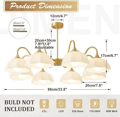 8 Lights Gold Sputnik Chandelier Light Fixture Large Mid Century Large Milk Glass Sputnik Pendant Lights Kitchen Island Modern Farmhouse Semi Flush Mount Chandelier Hanging Lamp MPL13-8 GD