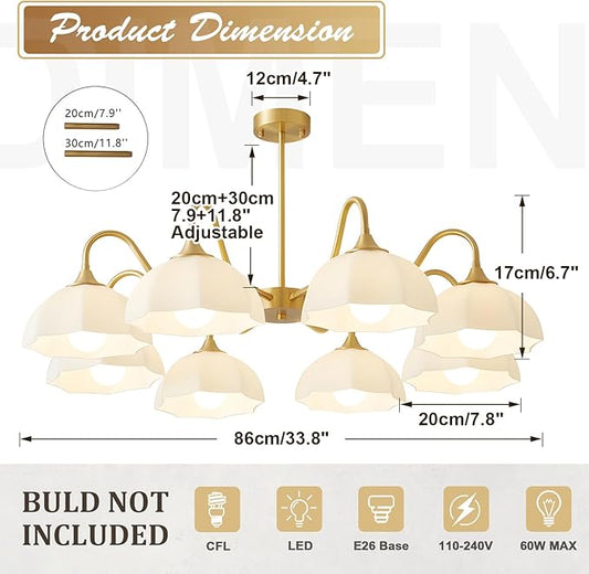 8 Lights Gold Sputnik Chandelier Light Fixture Large Mid Century Large Milk Glass Sputnik Pendant Lights Kitchen Island Modern Farmhouse Semi Flush Mount Chandelier Hanging Lamp MPL13-8 GD