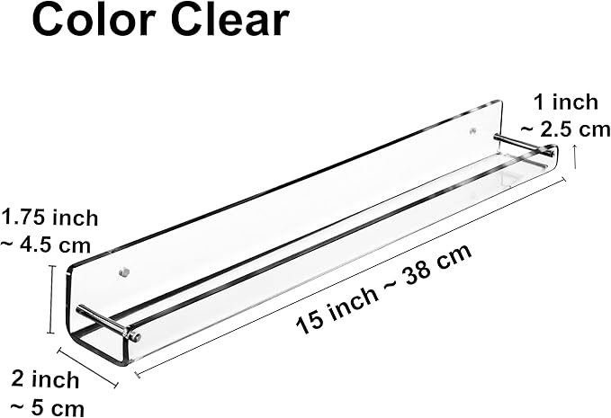 AMT 4 Pack Acrylic Floating Shelves, 15" L x 1.6" W, Clear Bathroom Wall Shelf, Bookshelves, Invisible Display for Office, Bedroom, Small Gap Allows Water to Escape, Free Screws & Drill Bit (Small)