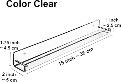 AMT 6 Pack Acrylic Floating Shelves, 15" L x 1.8" W, Clear Bathroom Wall Shelf, Bookshelves, Invisible Display for Office, Bedroom, Small Gap Allows Water to Escape, Free Screws & Drill Bit (Small)