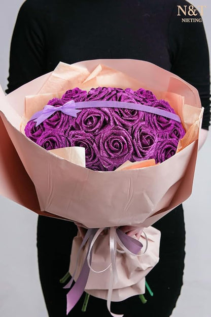 N&T NIETING Artificial Flowers Glowing Purple Flowers Foam 50pcs Glitter Roses Real Looking Fake Roses with Stem for DIY Wedding Bouquets Centerpieces Bridal Shower Party Home Decorations
