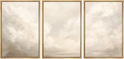 MUDECOR Framed Wall Art Print Set Neutral Cloudscape Soft Beige Abstract Sky Illustrations Modern Art Boho Decorative Colorful Chic for Living Room, Bedroom, Office - 24"x36"x3 Natural