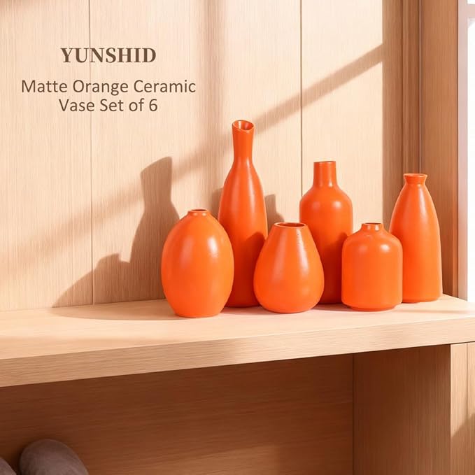 Matte Orange Vase Set of 6 - Bud Vases in Bulk, Modern Minimalist Flower Vases for Home Decor, Ceramic Mantle Vase Set, Rustic & Boho Centerpiece Vases for Entryway Table, Shelf, Living, or Bathroom