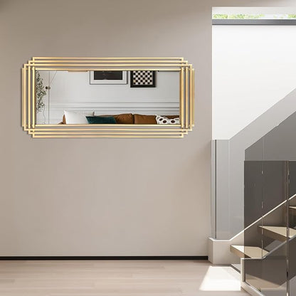 Gold Rectangle Mirror, 47"x22" Geometric Art Deco Mirror with Metal Frame, Modern Elegant Wall Mirrors for Living Room Bathroom Bedroom Entryway Hallway, Hangs Vertically or Horizontally