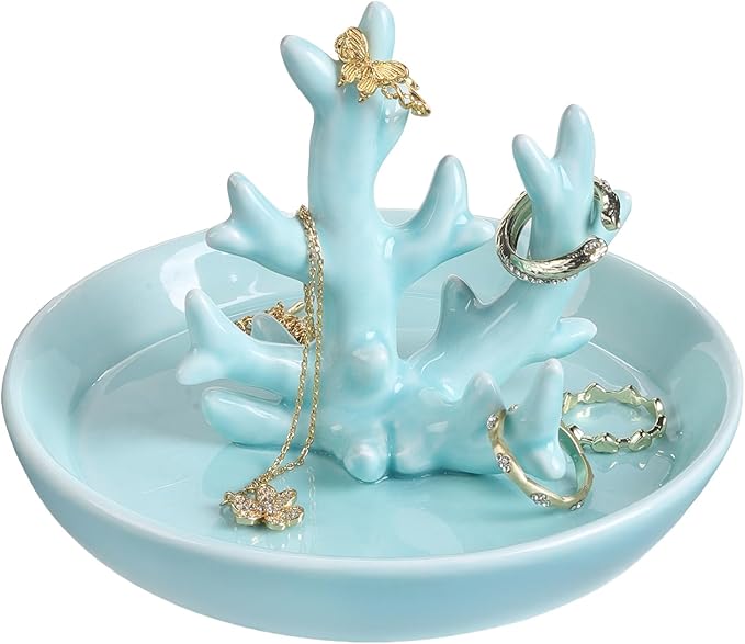 Potiera Teal Coral Jewelry Tray, Handmade Ceramic Coastal Decor, Decorative Ring Holder Trinket Dish for Earrings Necklaces Keys, Birthday Christmas Valentines Gifts for Women Friends Sister Mother