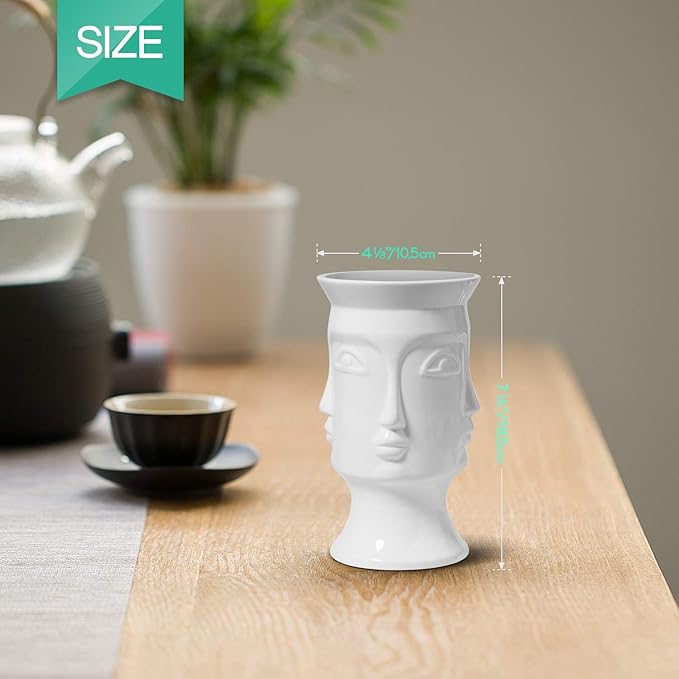 ComSaf Ceramic Flower Vase White, Modern Human Face Design Bud Vase Tall Posy Bouquet Centerpiece for Home, Wedding, Christmas Decoration (7 Inch Height)
