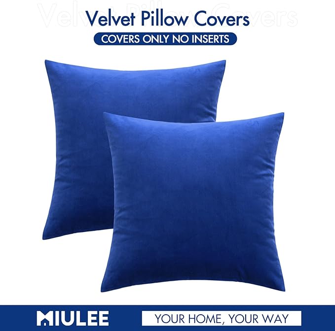 MIULEE Velvet Throw Pillow Covers 18x18 Inch, Pack of 2 - Royal Blue, Decorative Square Cushion Cases Farmhouse Modern Home Decor for Spring Couch Sofa Bedroom Living Room