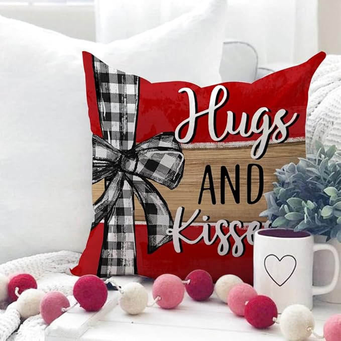 GEEORY Valentine's Day Love You More Hugs and Kisses Throw Pillow Covers 16x16 Inch Set of 4, Red Hearts Stripes Decorative Farmhouse Wedding Cushion Case for Home Decoration G652-16