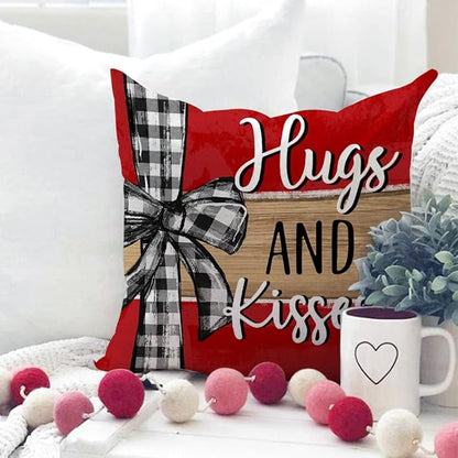 GEEORY Valentine's Day Love You More Hugs and Kisses Throw Pillow Covers 16x16 Inch Set of 4, Red Hearts Stripes Decorative Farmhouse Wedding Cushion Case for Home Decoration G652-16