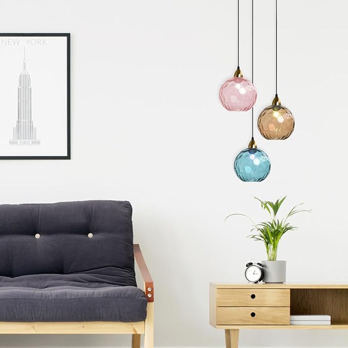 20cm/7.9’’ Industrial Vintage Spherical Glass Pendant Light, E26 Ceiling Hanging Lamp, Gold Finish & Ripple Glass Globe Shade, Dining Room Bedroom Chandelier (Pink)