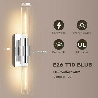 Chrome Wall Sconces, 22.8" Bathroom Sconces, Indoor Sconces Wall Lighting Up and Down, Nickel Wall Sconce Dimmable, Vanity Lights Fixtures with Tube, Glass Sconce for Bedroom, Staircase