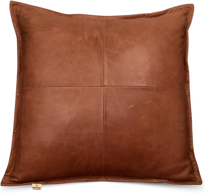 Lambskin Leather Pillow Cover - Sofa Cushion Case - Decorative Throw Covers for Living Room & Bedroom, 20x20 Inches - Antique Brown Box Pack of 1