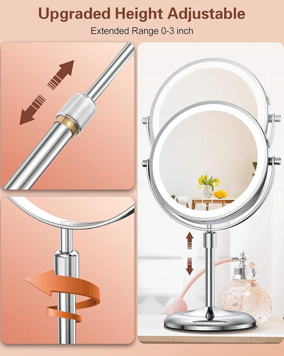 Benbilry Lighted Makeup Mirror with Magnification 10X & 3 Color Lights, Adjustable Brightness & Height, 7 Inch 360° Swivel Rechargeable LED Magnifying Make Up Vanity Mirror with Lighting (Silver)
