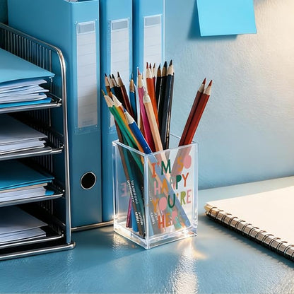 I'm So Happy You're Here Acrylic Cosmetic Pencil Holder Cup, Funny Boho Pen Holder for Women, Home Office Classroom Desk Accessories, Inspirational Gifts for Daughter, Make up Brush Organizer