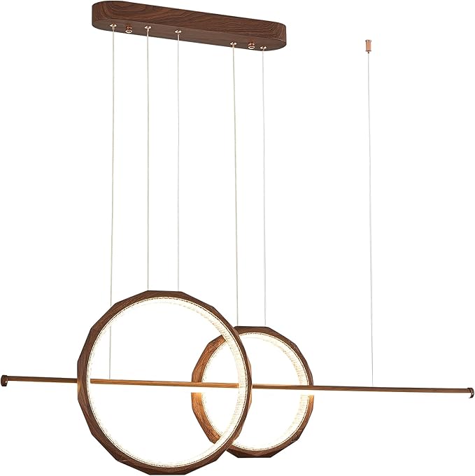 HEYAN 43" Farmhouse Pendant Light in Walnut Wood Finish, Light Fixtures Over Table，Double Multi-Faceted Metal Ring Long Linear Kitchen Island Lighting for Dining Room Table Coffee Bar Counter