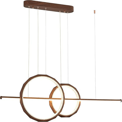 HEYAN 43" Farmhouse Pendant Light in Walnut Wood Finish, Light Fixtures Over Table，Double Multi-Faceted Metal Ring Long Linear Kitchen Island Lighting for Dining Room Table Coffee Bar Counter
