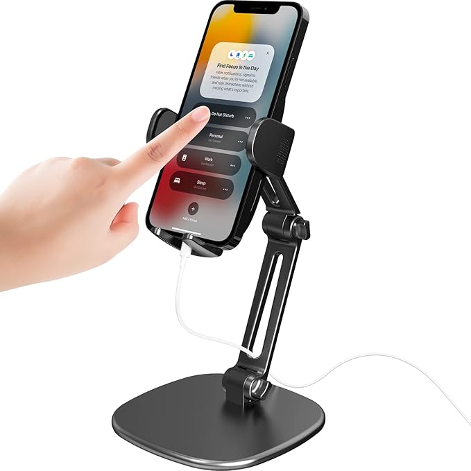APPS2Car Phone Stand for Desk [No Dropping Stable Triple-Clamp Holder] Adjustable Height 360 Degree Rotation Heavy Base Thick Case Friendly, Multifunctional Cell Phones Stand for iPhone Android Phones