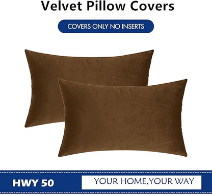 HWY 50 Coffee Velvet Rectangular Throw Pillow Covers 12x20 Inch, Pack of 2 Soft Cozy Solid Decorative Luxury Cushion Cases for Couch Sofa Bed Living Room Bedroom