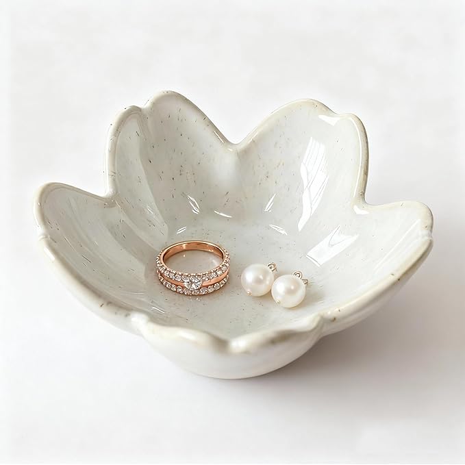 Stone Gray Flower Ceramic Jewelry Tray Bride Ring Dish, Cute Trinket Bowl Jewelry Holder for Vanity/Bathroom/Nightstand Aesthetic Room Decor, Women’s Gift for Christmas/Birthday/Wedding/Housewarming